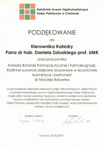 Podziękowania za organizację warsztatów dla uczniów szkół średnich. Kliknij, aby powiększyć zdjęcie.